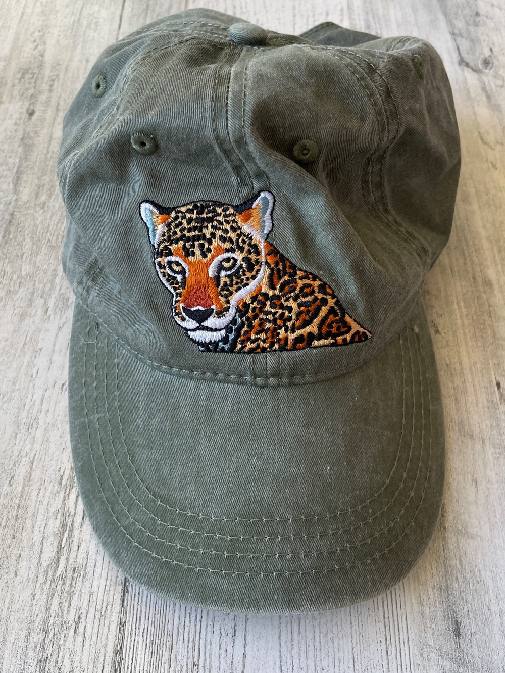 Olive Green Baseball Cap with Leopard Patch EUC